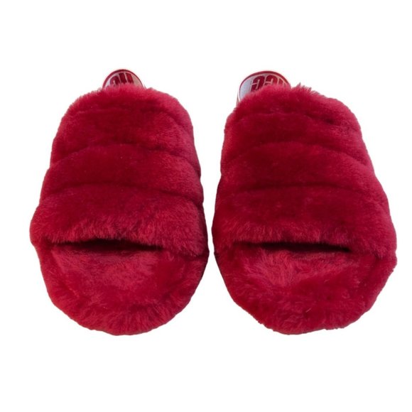 UGG Kids Fluff Yeah Red Fuax Fur Slide Slippers Sz 6 - Picture 2 of 7
